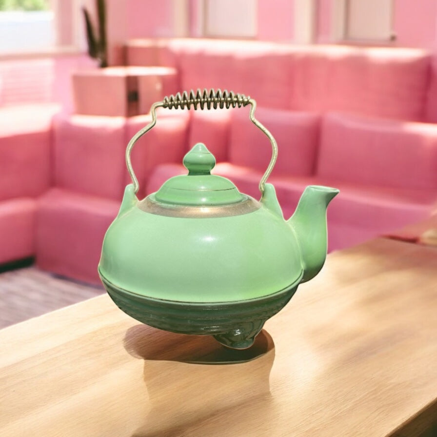 Vintage Redware Jade Toned Three Legged Teapot with Gold Guild - Camden Layne