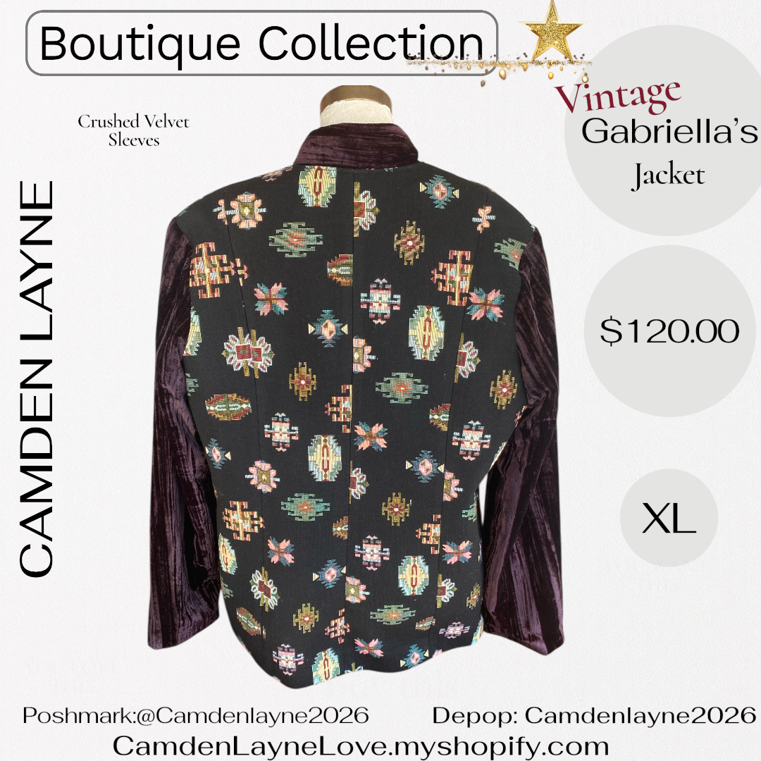 Vintage Gabriella’s Tapestry Art Needlepoint Jacket, Crushed Velvet Sleeves