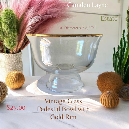 Mid Century Glass Pedestal Bowl with Gold Rim - Camden Layne