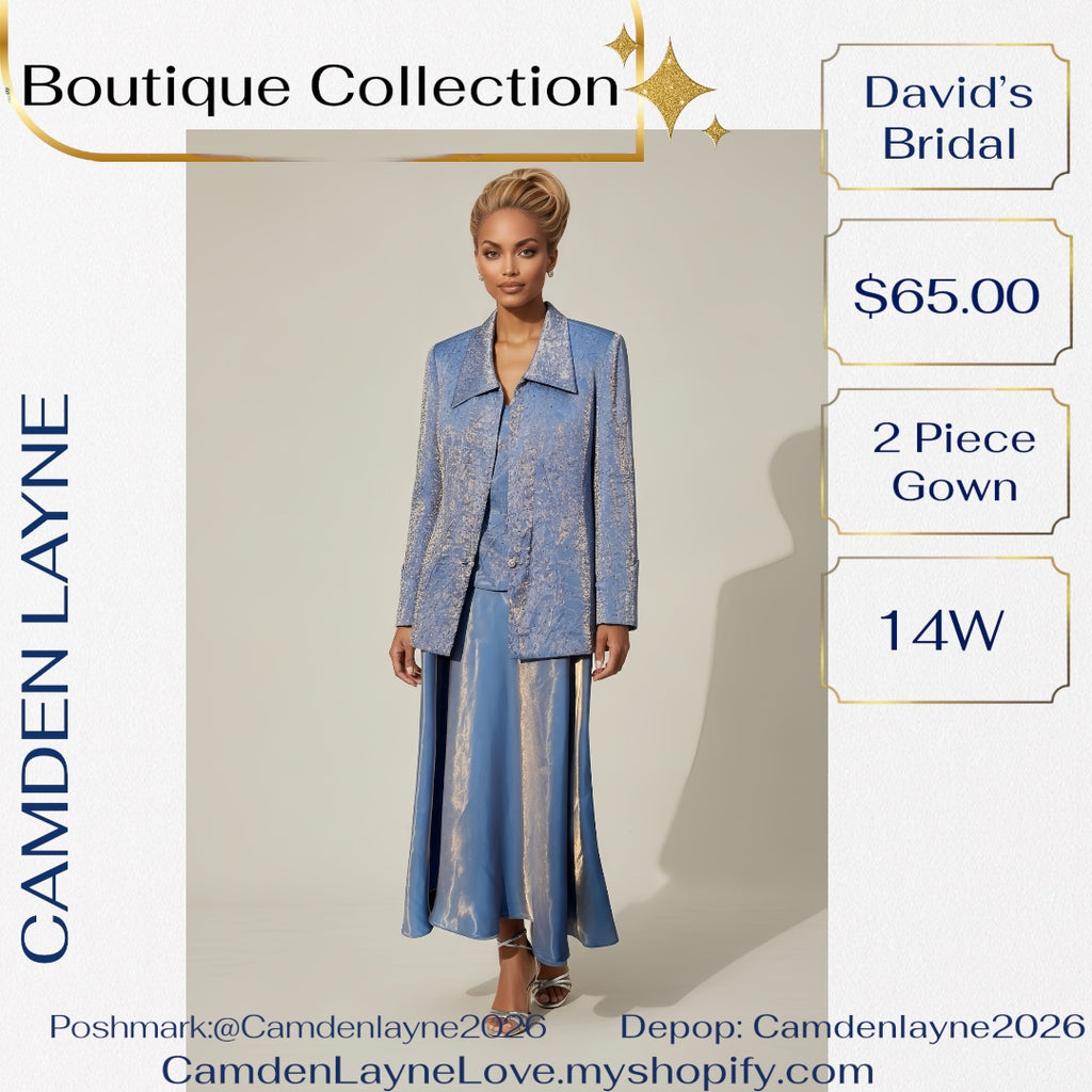 David’s Bridal Blue Beaded Satin Finish Gown with Gold Highlights