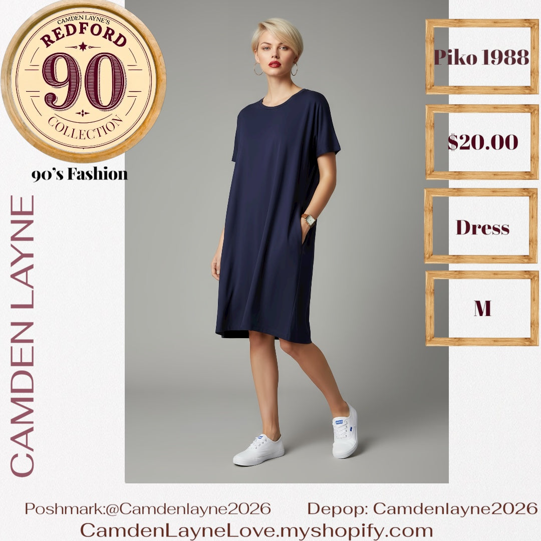 Navy Blue Piko Shirt Dress with Pockets