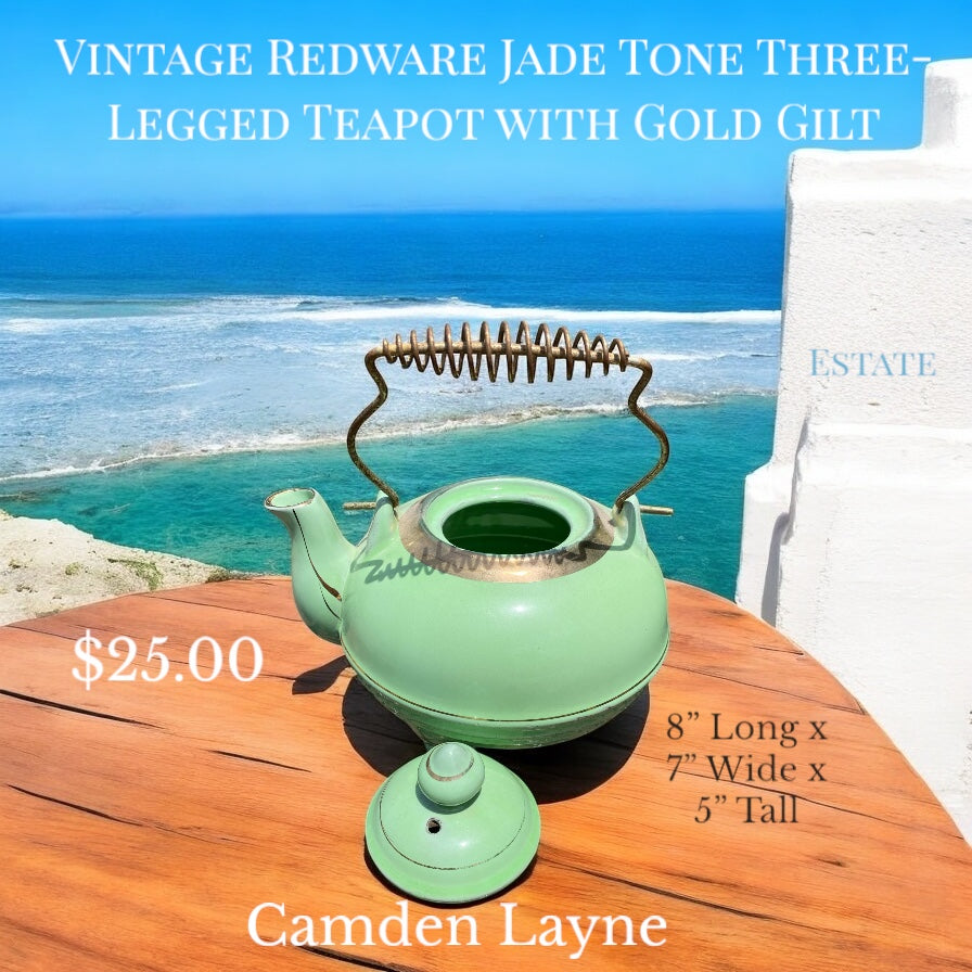 Vintage Redware Jade Toned Three Legged Teapot with Gold Guild - Camden Layne
