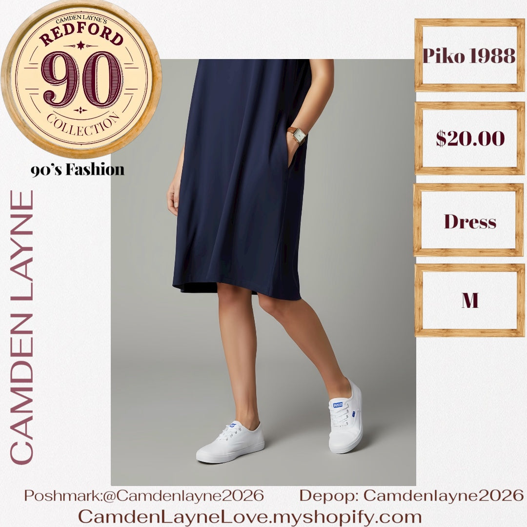 Navy Blue Piko Shirt Dress with Pockets