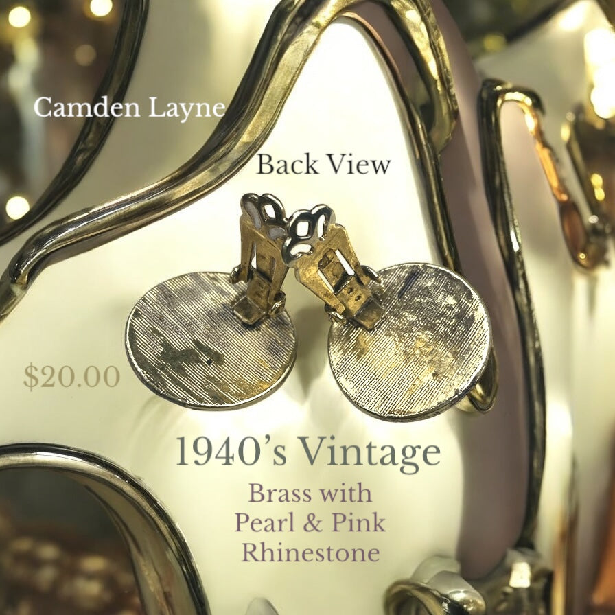 Vintage Brass,Pearl and Punk Rhinestone Clip On Earrings - Camden Layne