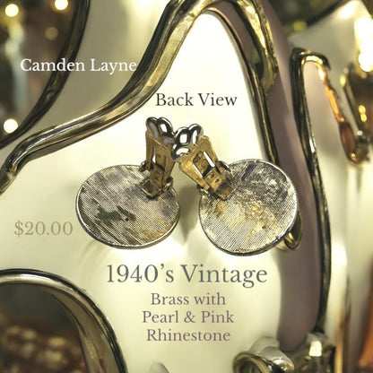 Vintage Brass,Pearl and Punk Rhinestone Clip On Earrings - Camden Layne
