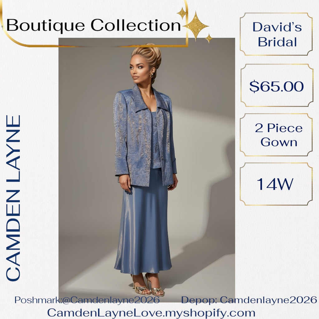 David’s Bridal Blue Beaded Satin Finish Gown with Gold Highlights