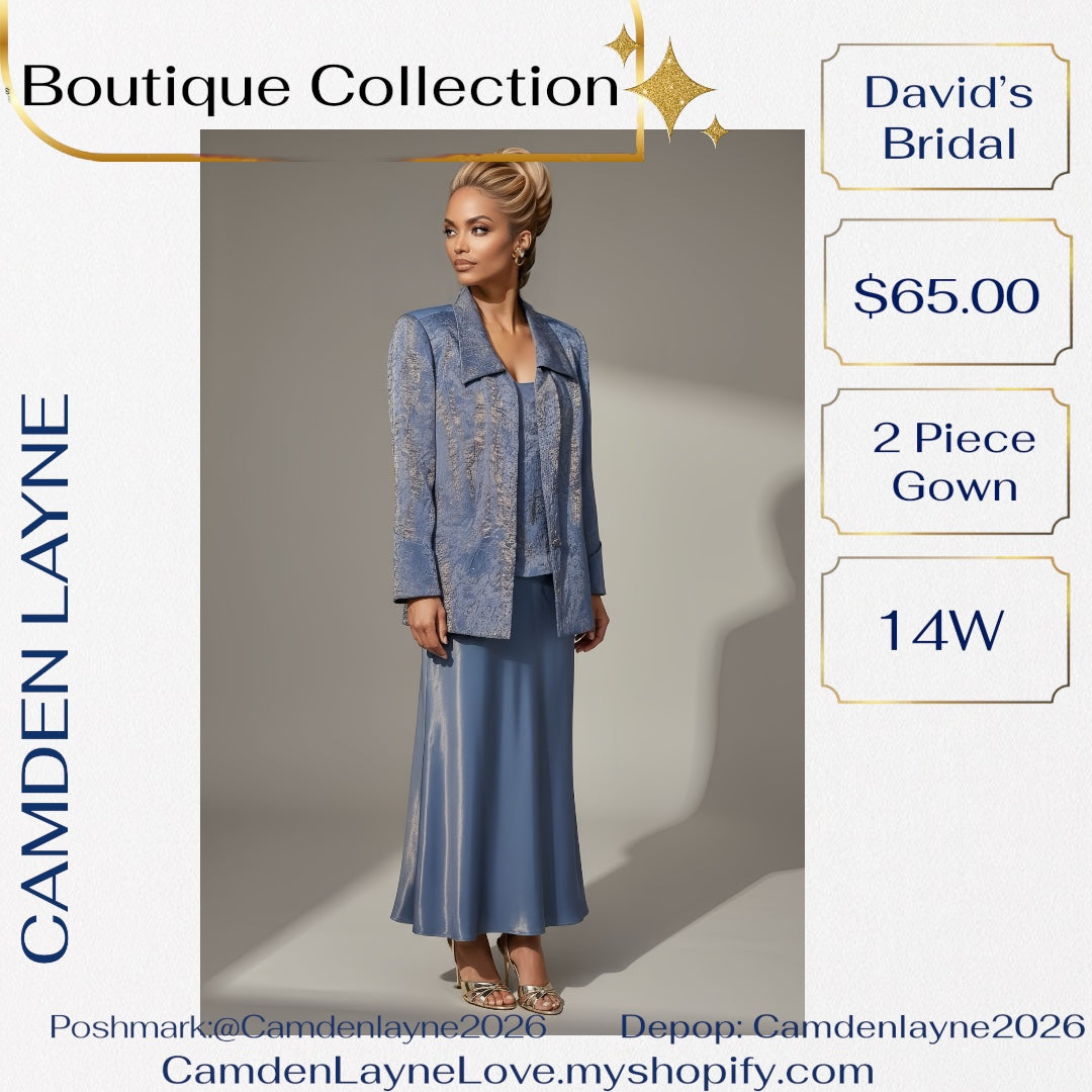 David’s Bridal Blue Beaded Satin Finish Gown with Gold Highlights