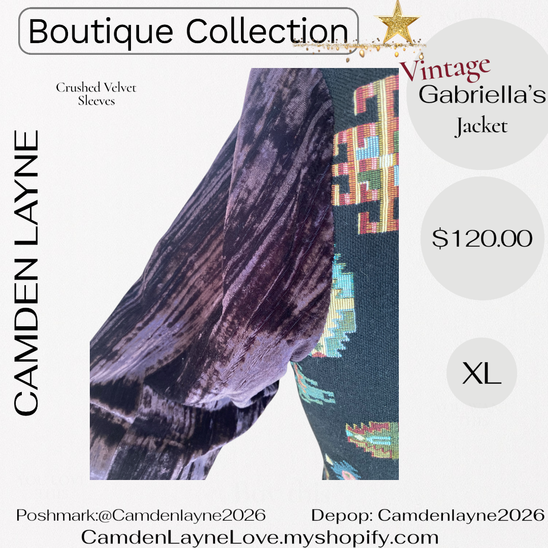 Vintage Gabriella’s Tapestry Art Needlepoint Jacket, Crushed Velvet Sleeves