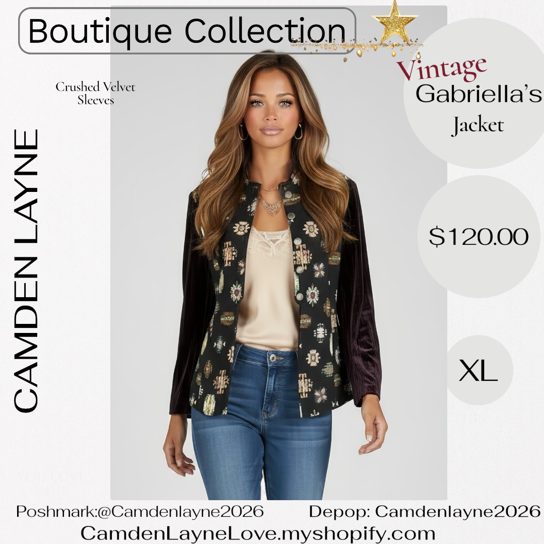 Vintage Gabriella’s Tapestry Art Needlepoint Jacket, Crushed Velvet Sleeves