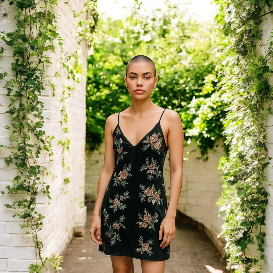 Black Velvet Sequined Cocktail Dress - Camden Layne