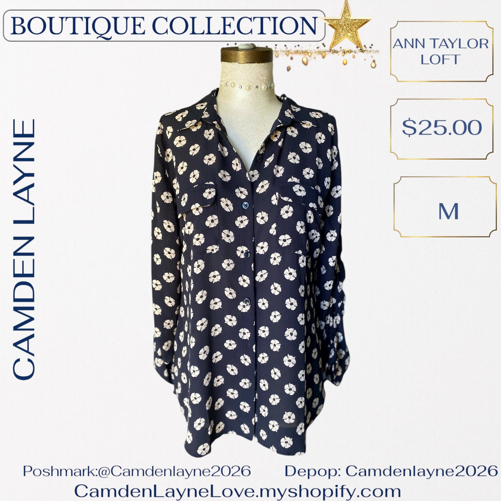 Ann Taylor Loft Navy Blue Print Blouse