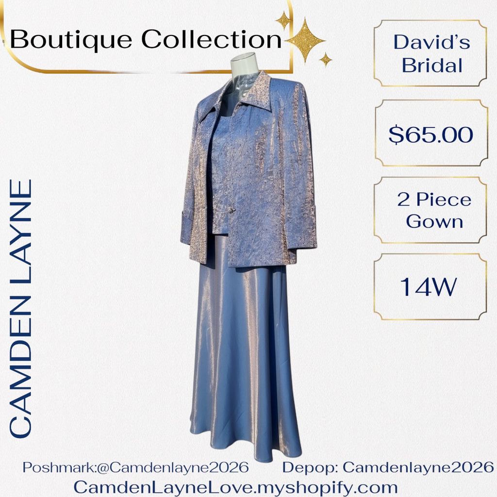 David’s Bridal Blue Beaded Satin Finish Gown with Gold Highlights