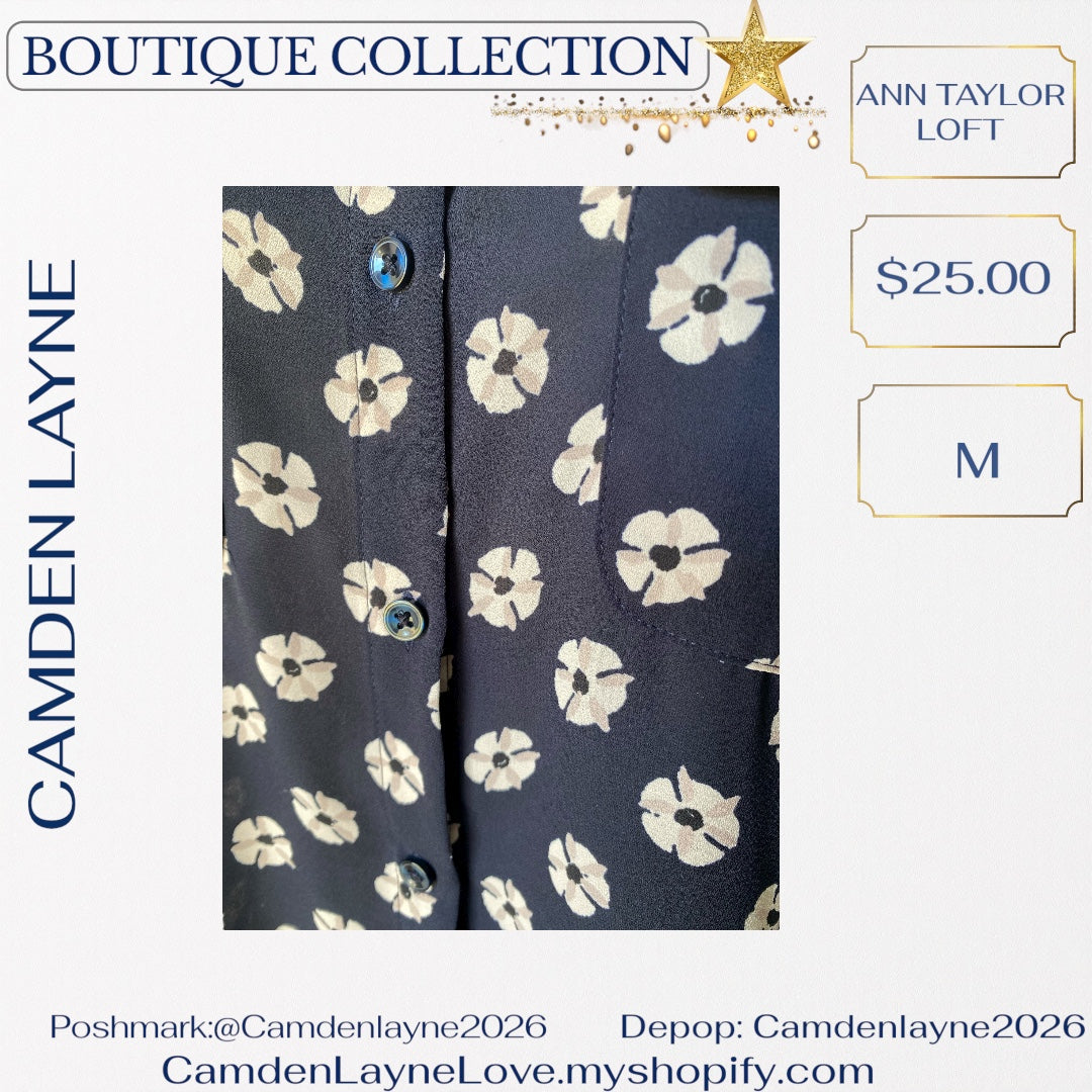 Ann Taylor Loft Navy Blue Print Blouse