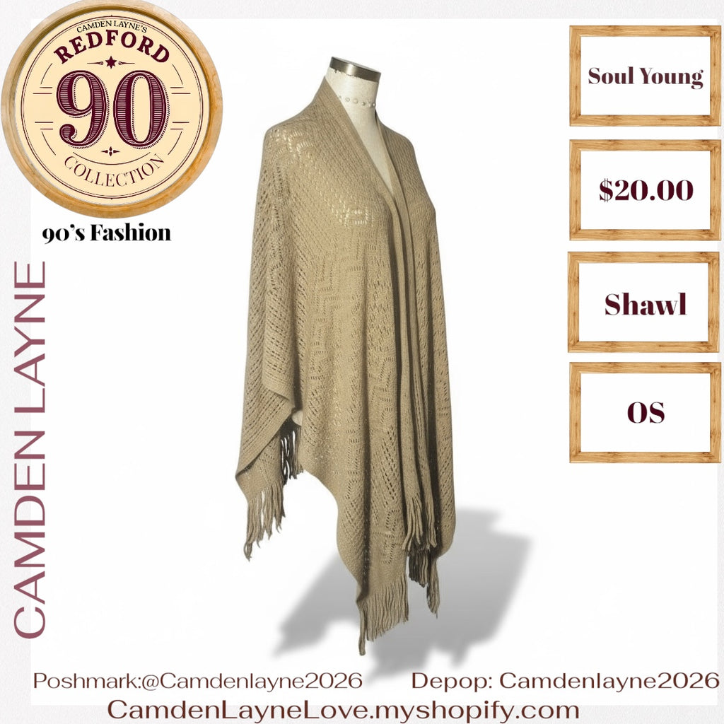 Open-front, crochet-style shawl