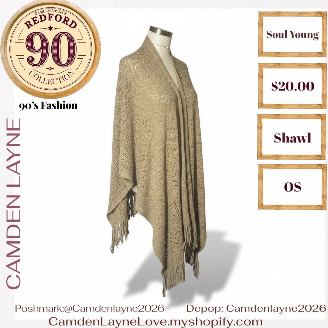 Open-front, crochet-style shawl