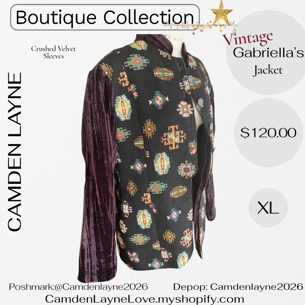 Vintage Gabriella’s Tapestry Art Needlepoint Jacket, Crushed Velvet Sleeves