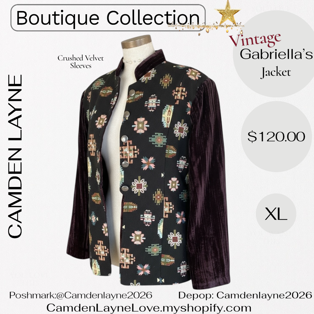 Vintage Gabriella’s Tapestry Art Needlepoint Jacket, Crushed Velvet Sleeves