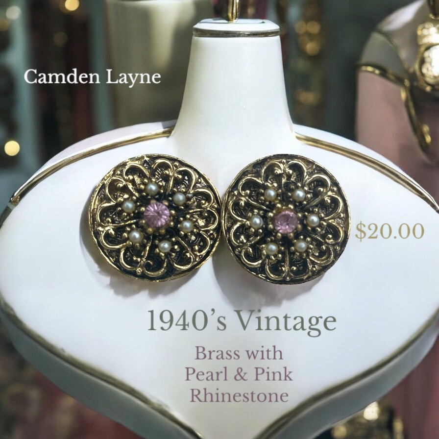 Vintage Brass,Pearl and Punk Rhinestone Clip On Earrings - Camden Layne