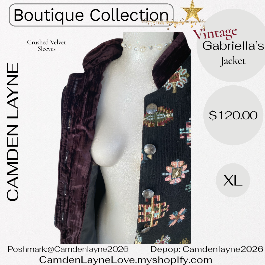 Vintage Gabriella’s Tapestry Art Needlepoint Jacket, Crushed Velvet Sleeves
