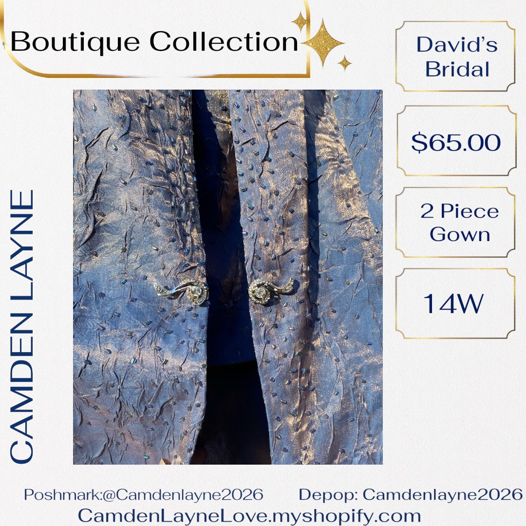 David’s Bridal Blue Beaded Satin Finish Gown with Gold Highlights