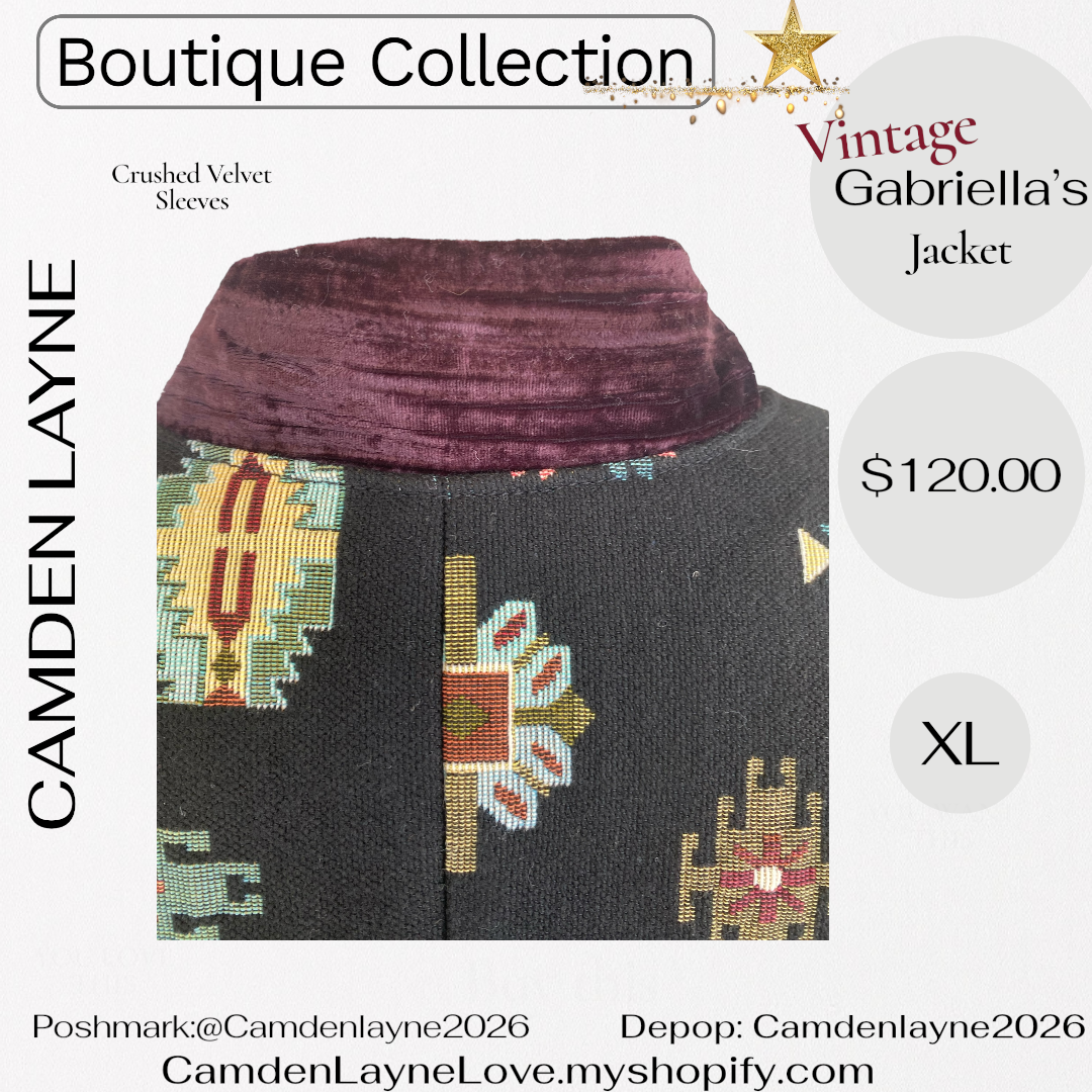 Vintage Gabriella’s Tapestry Art Needlepoint Jacket, Crushed Velvet Sleeves