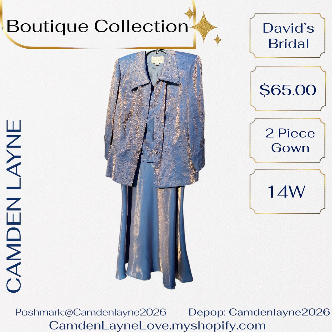 David’s Bridal Blue Beaded Satin Finish Gown with Gold Highlights