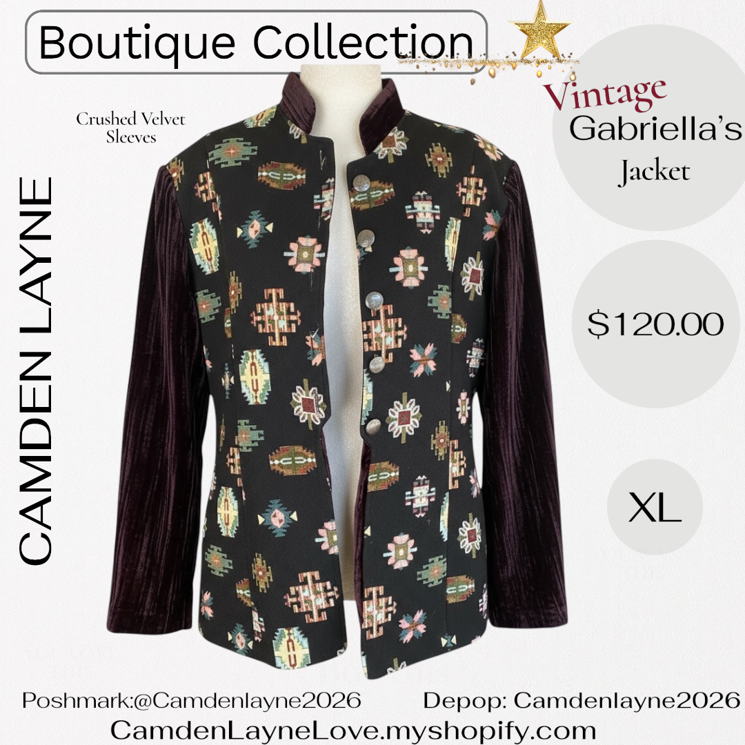 Vintage Gabriella’s Tapestry Art Needlepoint Jacket, Crushed Velvet Sleeves