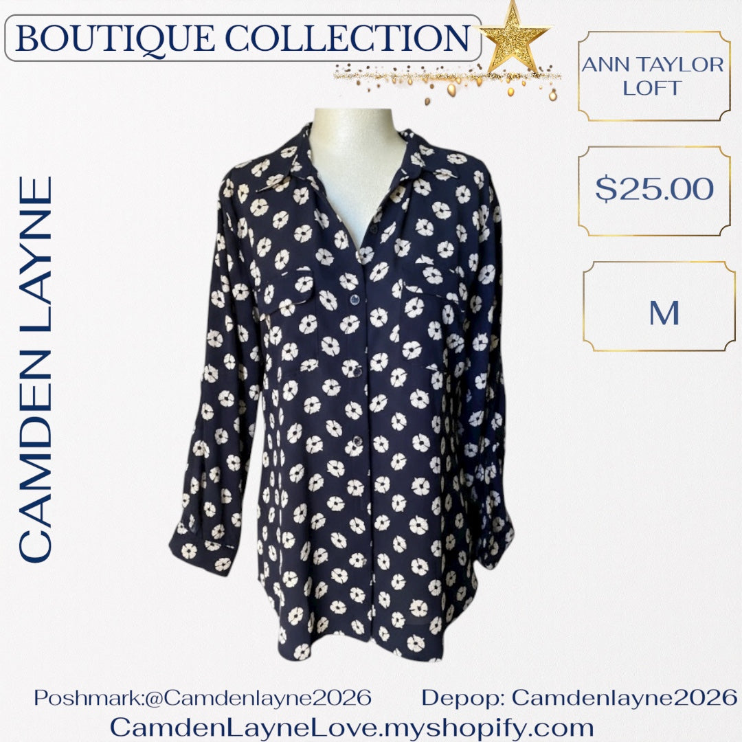 Ann Taylor Loft Navy Blue Print Blouse
