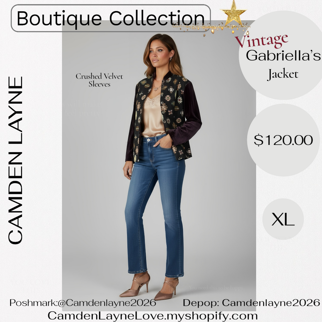 Vintage Gabriella’s Tapestry Art Needlepoint Jacket, Crushed Velvet Sleeves