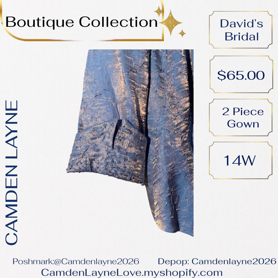 David’s Bridal Blue Beaded Satin Finish Gown with Gold Highlights