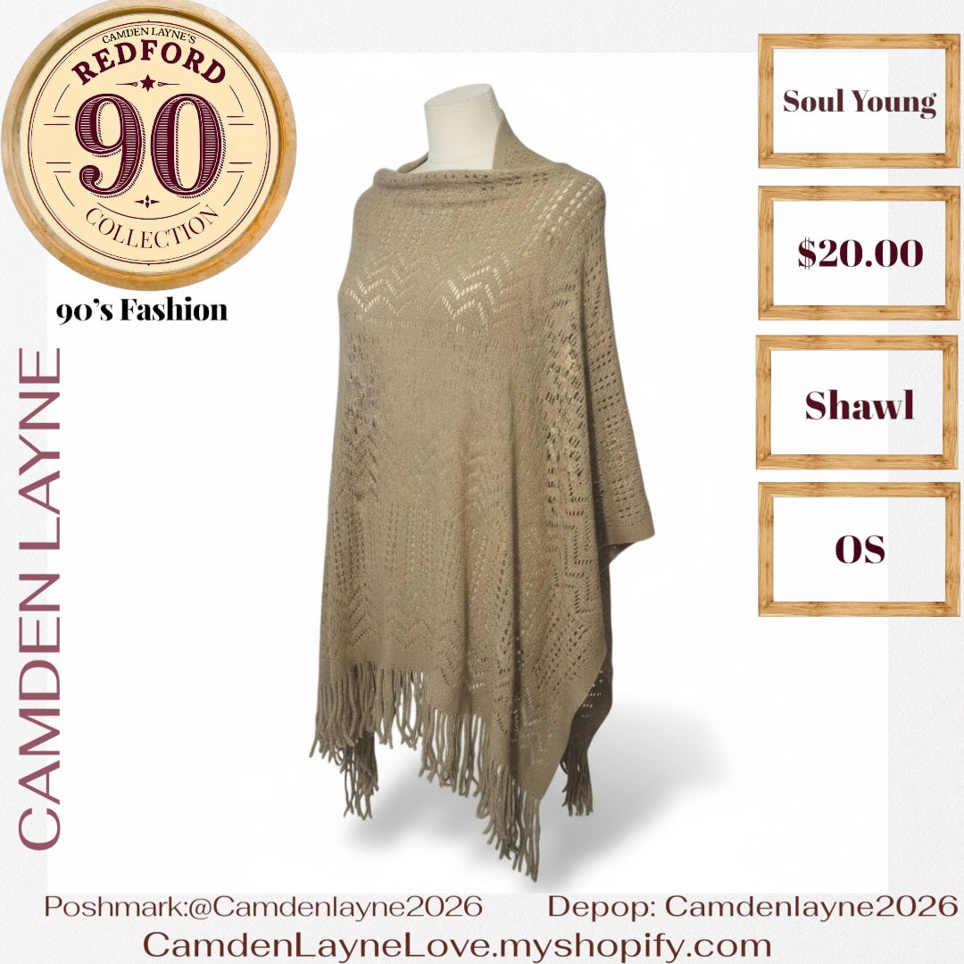 Open-front, crochet-style shawl