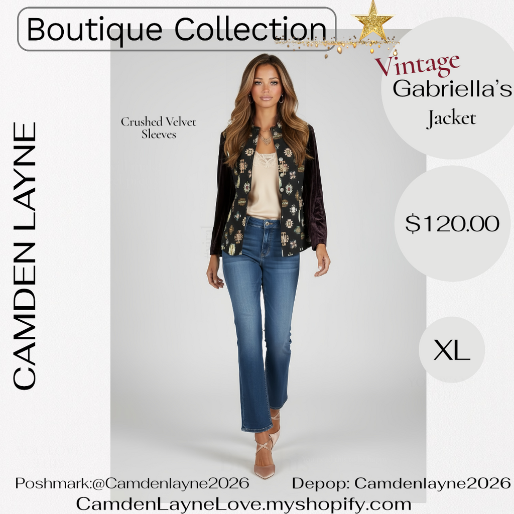 Vintage Gabriella’s Tapestry Art Needlepoint Jacket, Crushed Velvet Sleeves