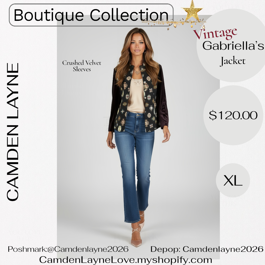 Vintage Gabriella’s Tapestry Art Needlepoint Jacket, Crushed Velvet Sleeves