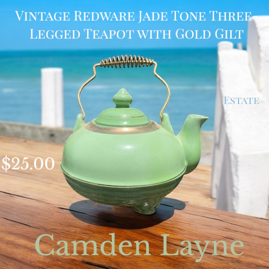 Vintage Redware Jade Toned Three Legged Teapot with Gold Guild - Camden Layne