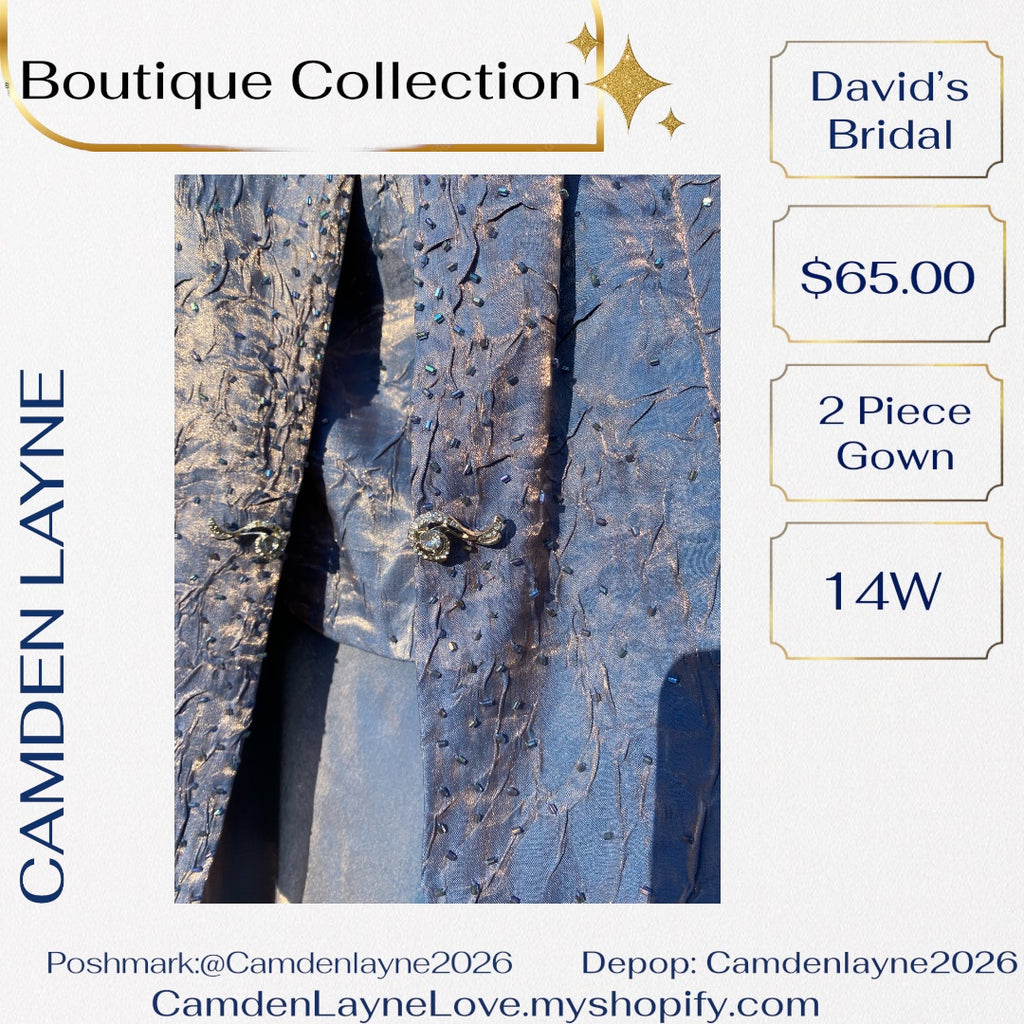 David’s Bridal Blue Beaded Satin Finish Gown with Gold Highlights