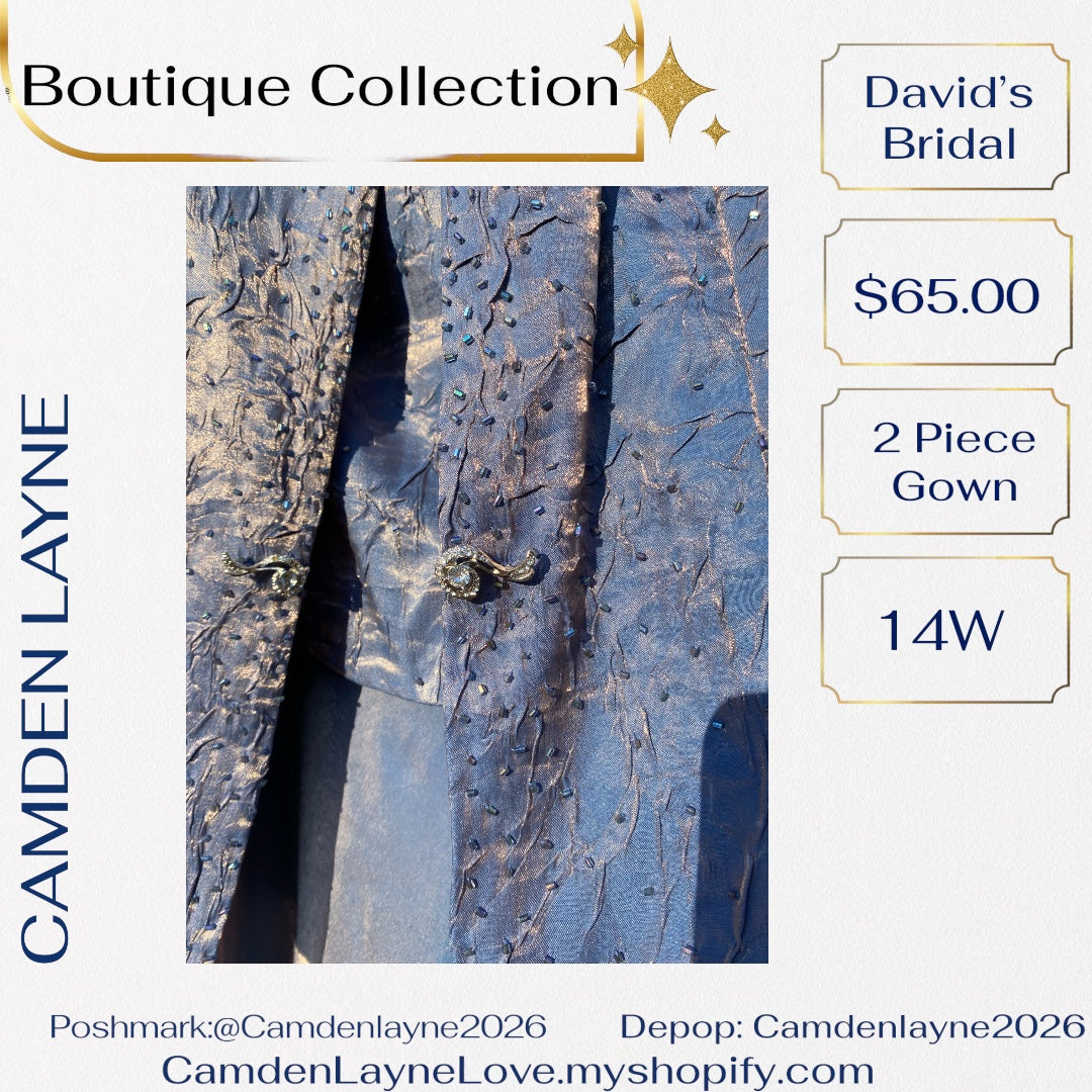 David’s Bridal Blue Beaded Satin Finish Gown with Gold Highlights