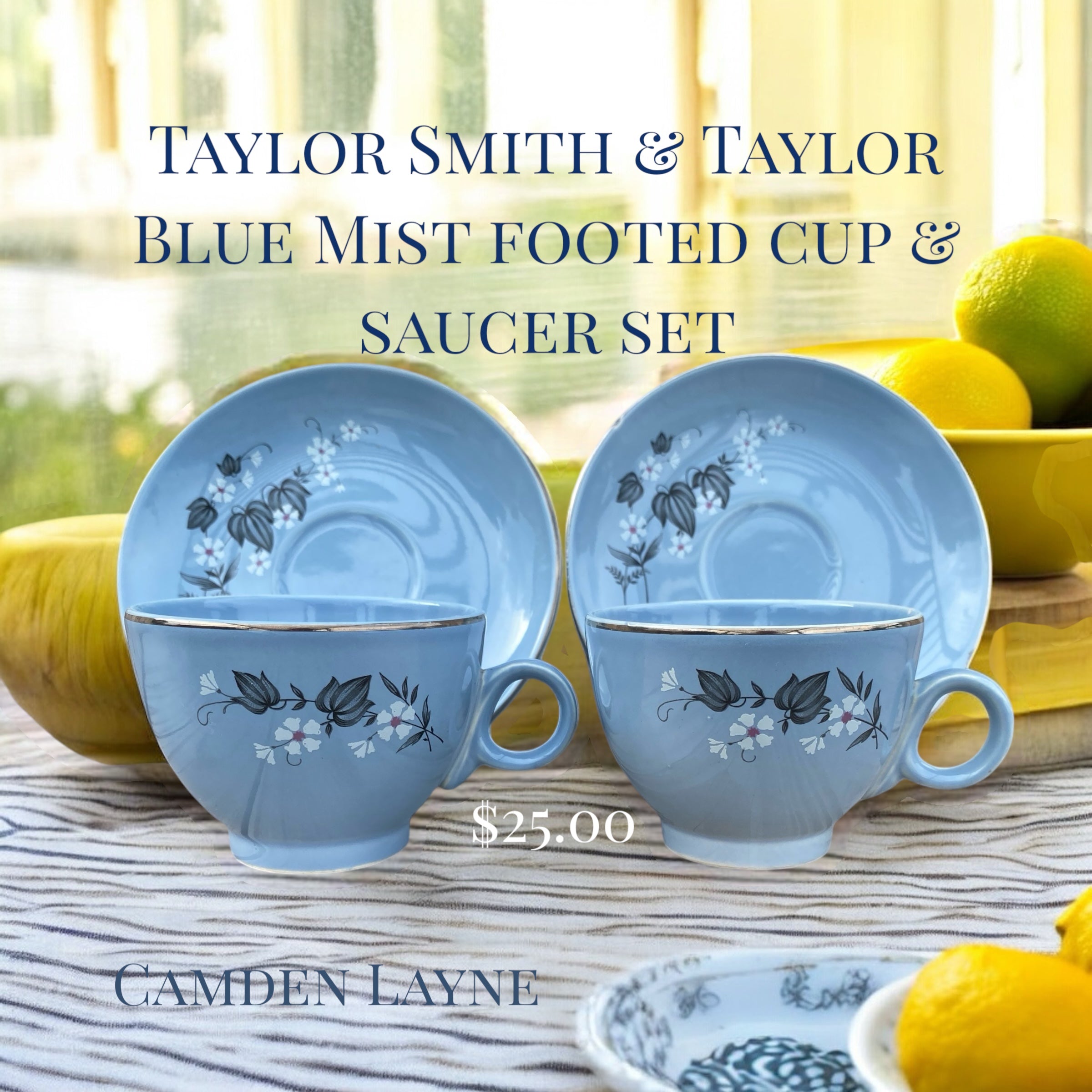 Taylor Smith & Taylor Blue Mist Footed Cup and Saucer Set - Camden Layne