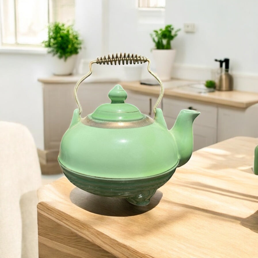 Vintage Redware Jade Toned Three Legged Teapot with Gold Guild - Camden Layne