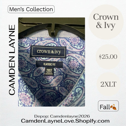 Crown & Ivy 2XLT Big Blue Paisley Print