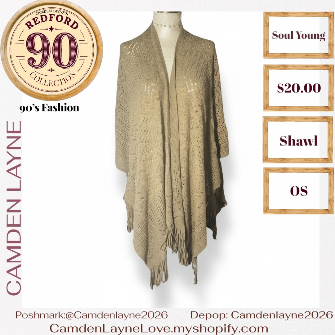 Open-front, crochet-style shawl