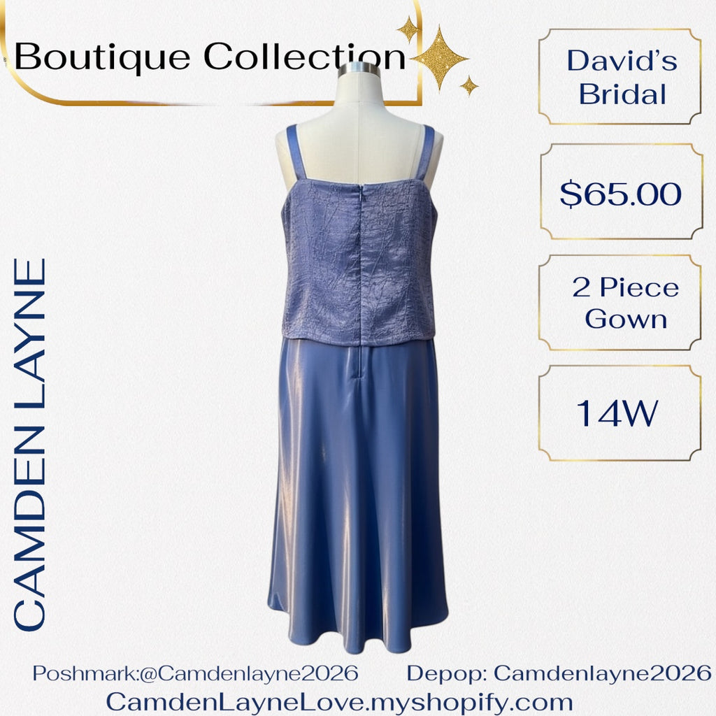 David’s Bridal Blue Beaded Satin Finish Gown with Gold Highlights