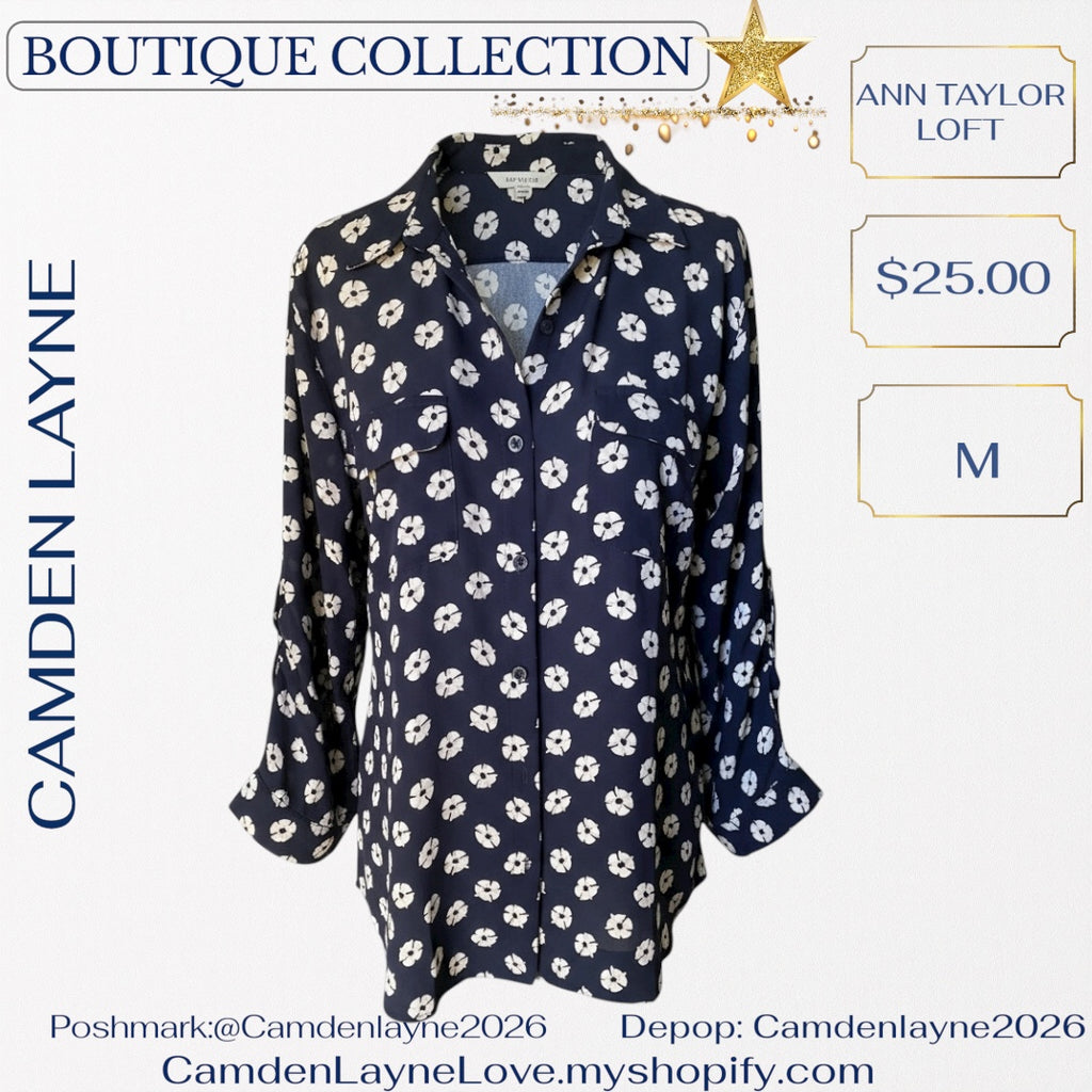 Ann Taylor Loft Navy Blue Print Blouse