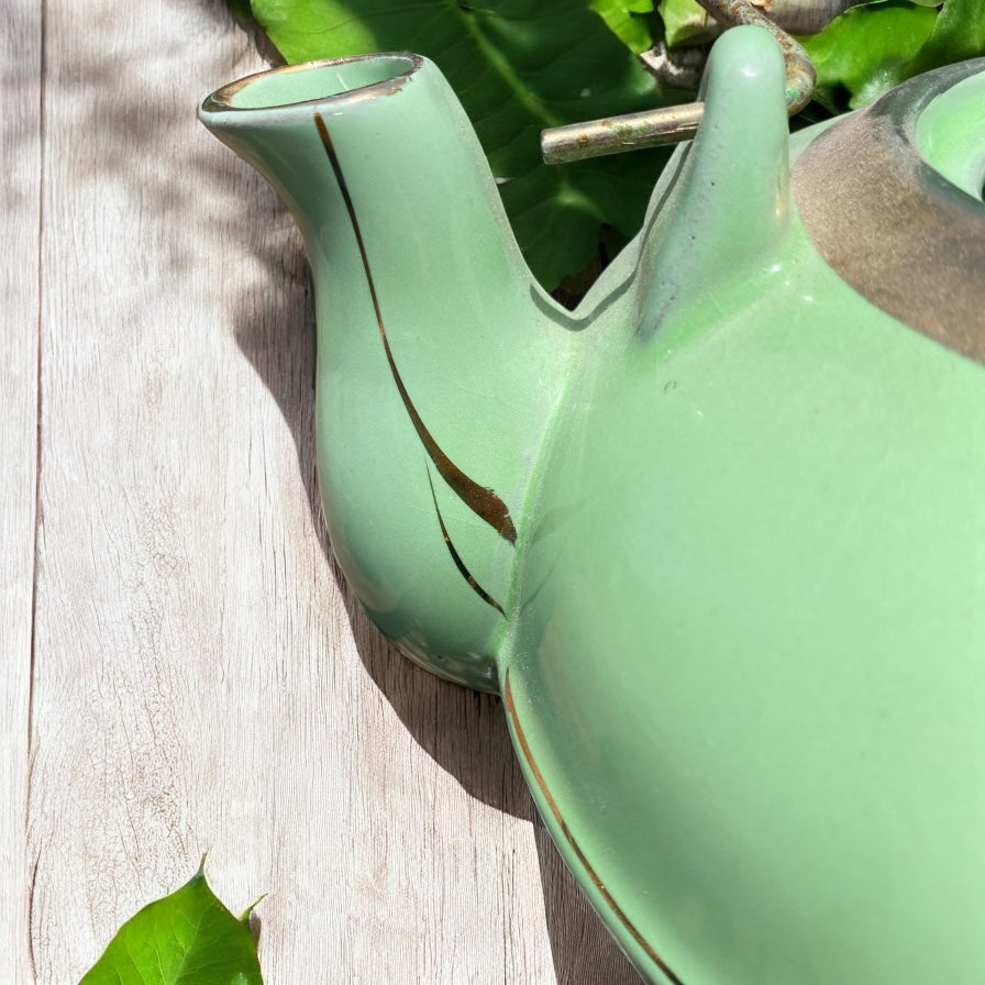 Vintage Redware Jade Toned Three Legged Teapot with Gold Guild - Camden Layne
