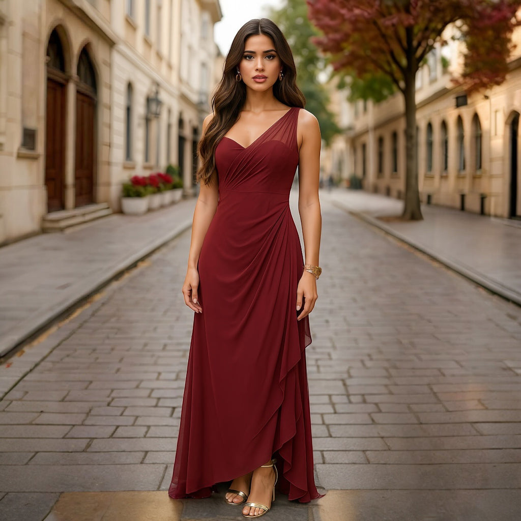 Wine Colored One Shoulder Maxi Dress