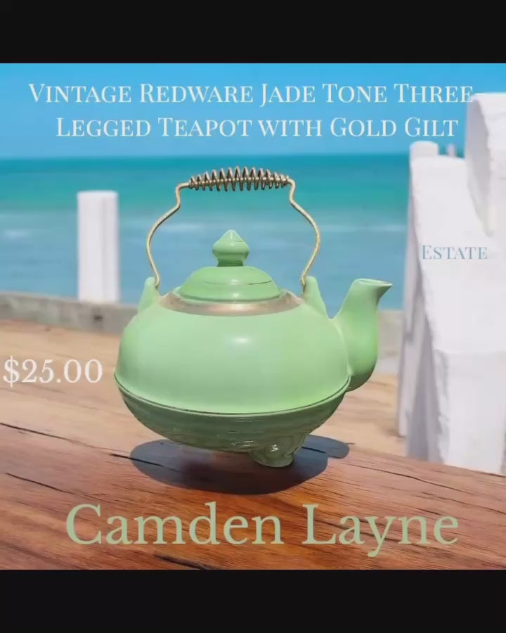 Vintage Redware Jade Toned Three Legged Teapot with Gold Guild